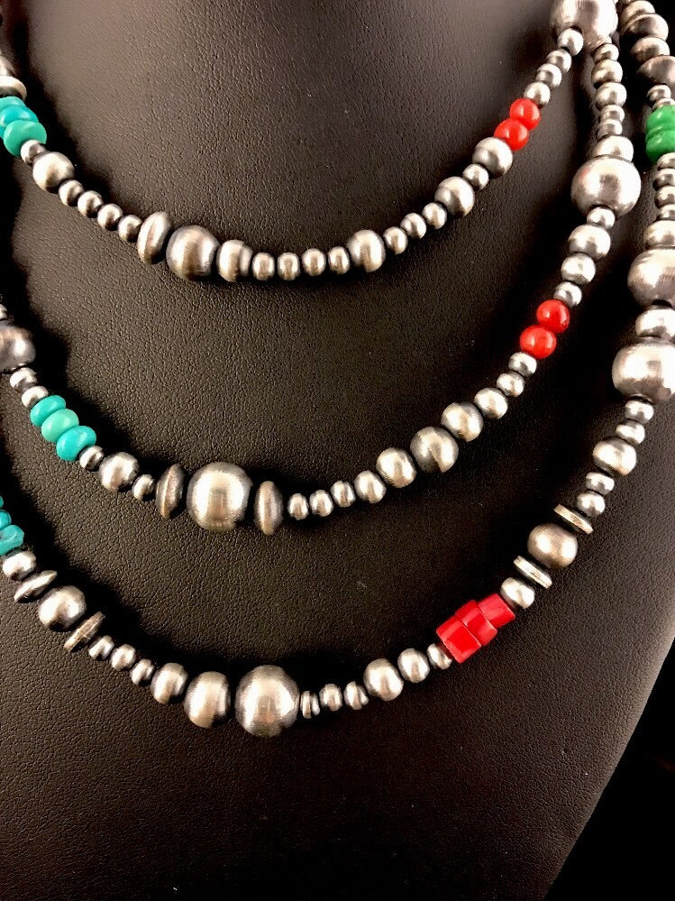 Turquoise Coral Spiny Oyster Sterling Silver Beads Bead Necklace 92818