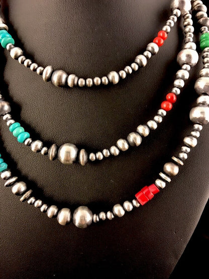 Turquoise Coral Spiny Oyster Sterling Silver Beads Bead Necklace 92818