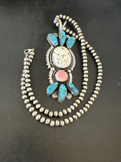 Blue Kingman Turquoise White Navajo Sterling Silver Cluster Pendant 4" 19325