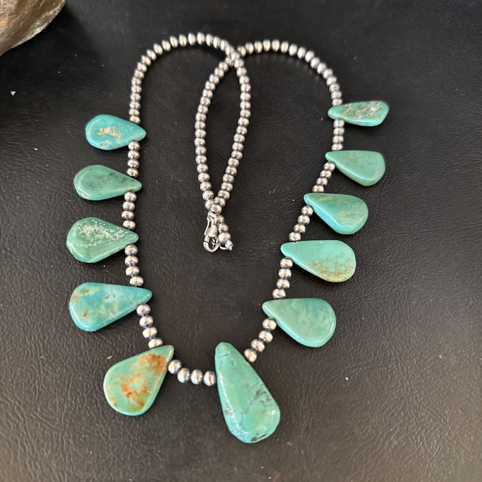 Blue Turquoise Teardrop Navajo Pearls Sterling Silver Necklace 14387