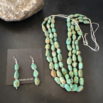 Green Turquoise Heishi 3S Navajo Sterling Silver 22" Necklace Earrings 18568
