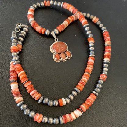 Apple Coral Pendant Spiny Oyster Navajo Pearls Sterling Silver Necklace 12389