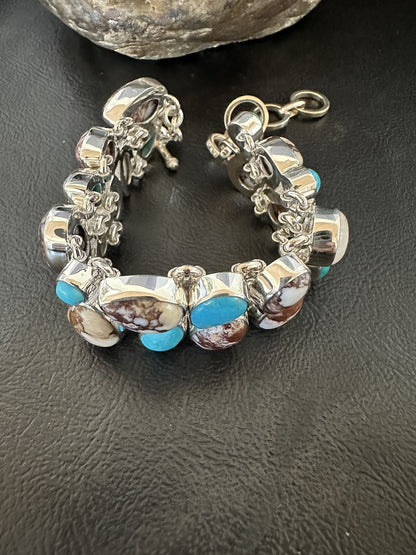 WoMen Blue Wild Horse Turquoise Sterling Silver Southwestern Link Bracelet 17973