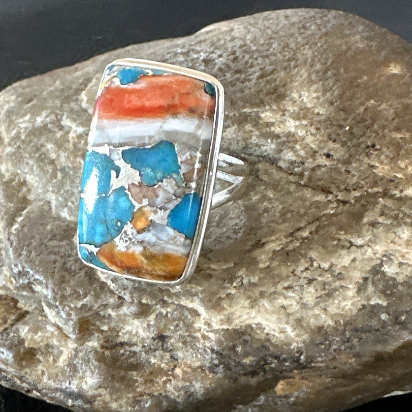Blue Turquoise Orange Spiny Oyster Navajo Sterling Silver Ring Size 10 18246