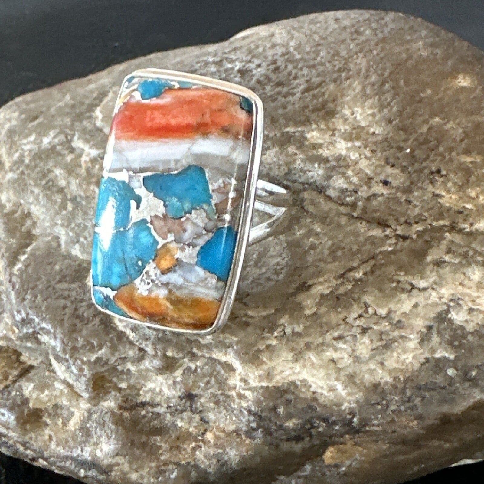 Blue Turquoise Orange Spiny Oyster Navajo Sterling Silver Ring Size 10 18246