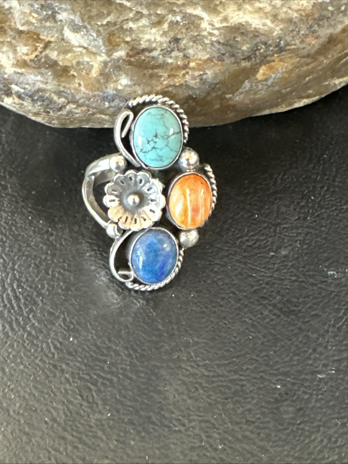 Multicolor Ring Turquoise Spiny Navajo Sterling Silver Cluster Size 8 19186