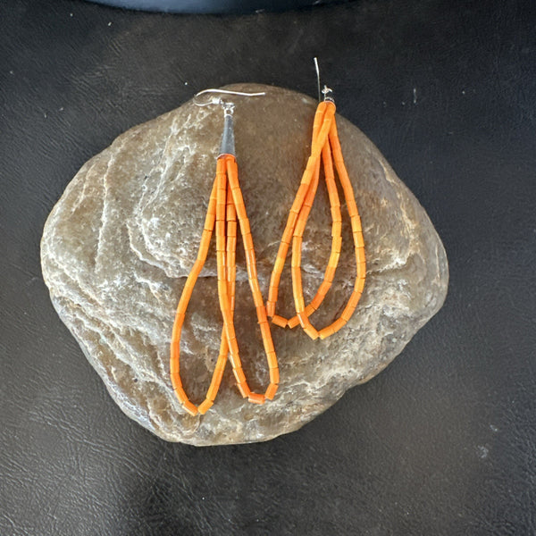 Orange Beads 2 Strands Heishi Liquid Dangle Earrings 3" | Sterling Silver | Authentic Native American Handmade | 19040