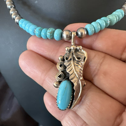 Mens Feather Turquoise Pendant Navajo Sterling Silver Necklace 18061