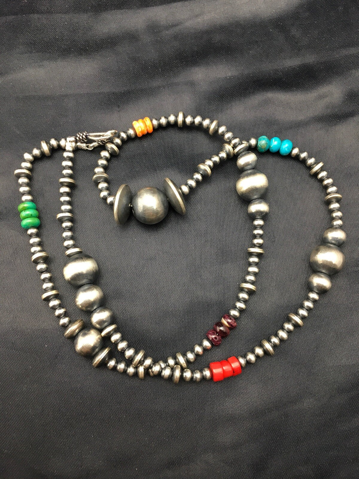 Turquoise Coral & Spiny Oyster Navajo Pearls Sterling Silver Bead Necklace 24"