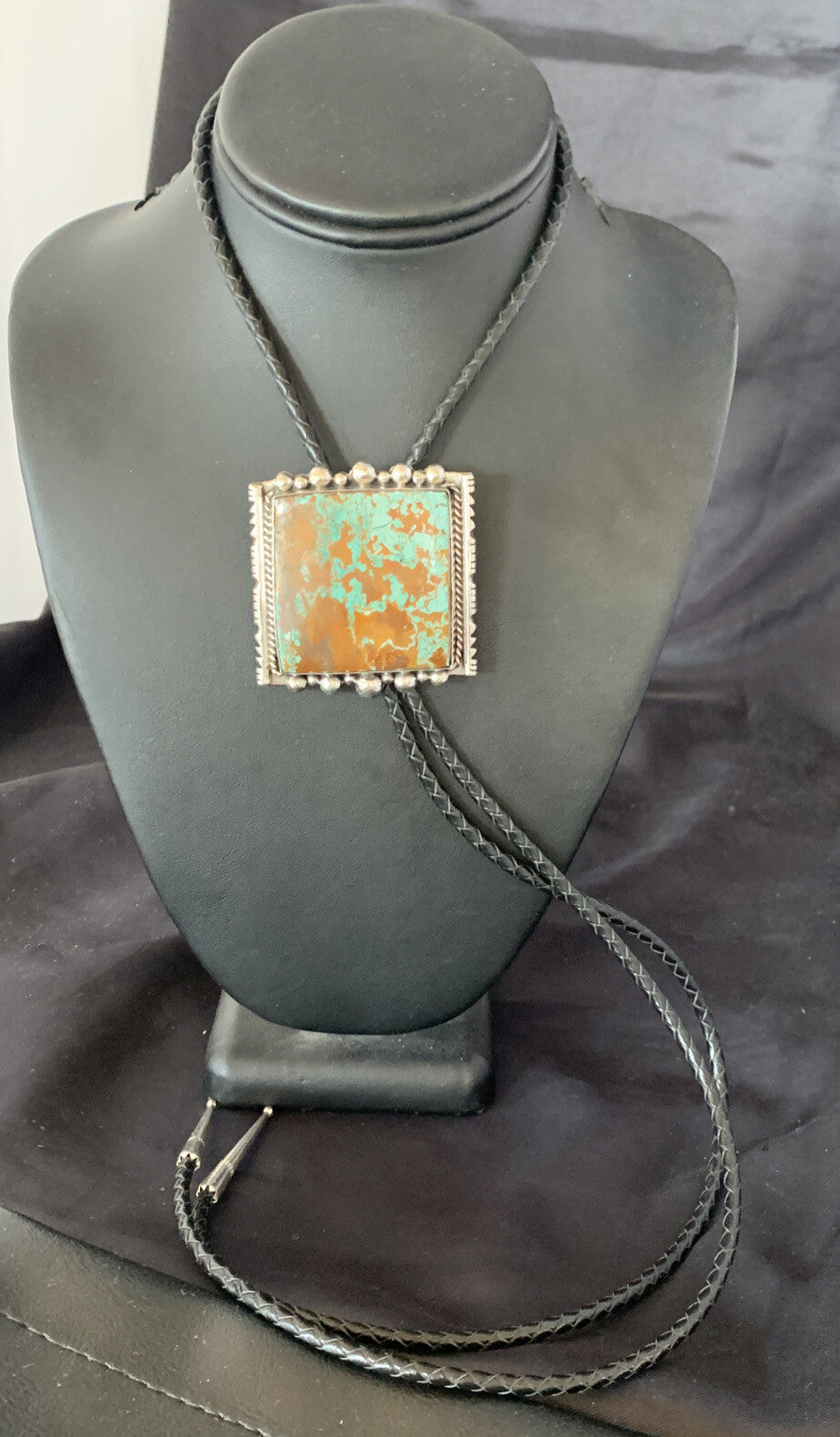 Mens Green Royston Turquoise Navajo Sterling Silver Bolo Tie 18897