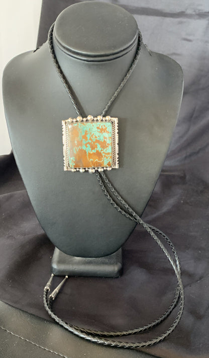 Mens Green Royston Turquoise Navajo Sterling Silver Bolo Tie 18897