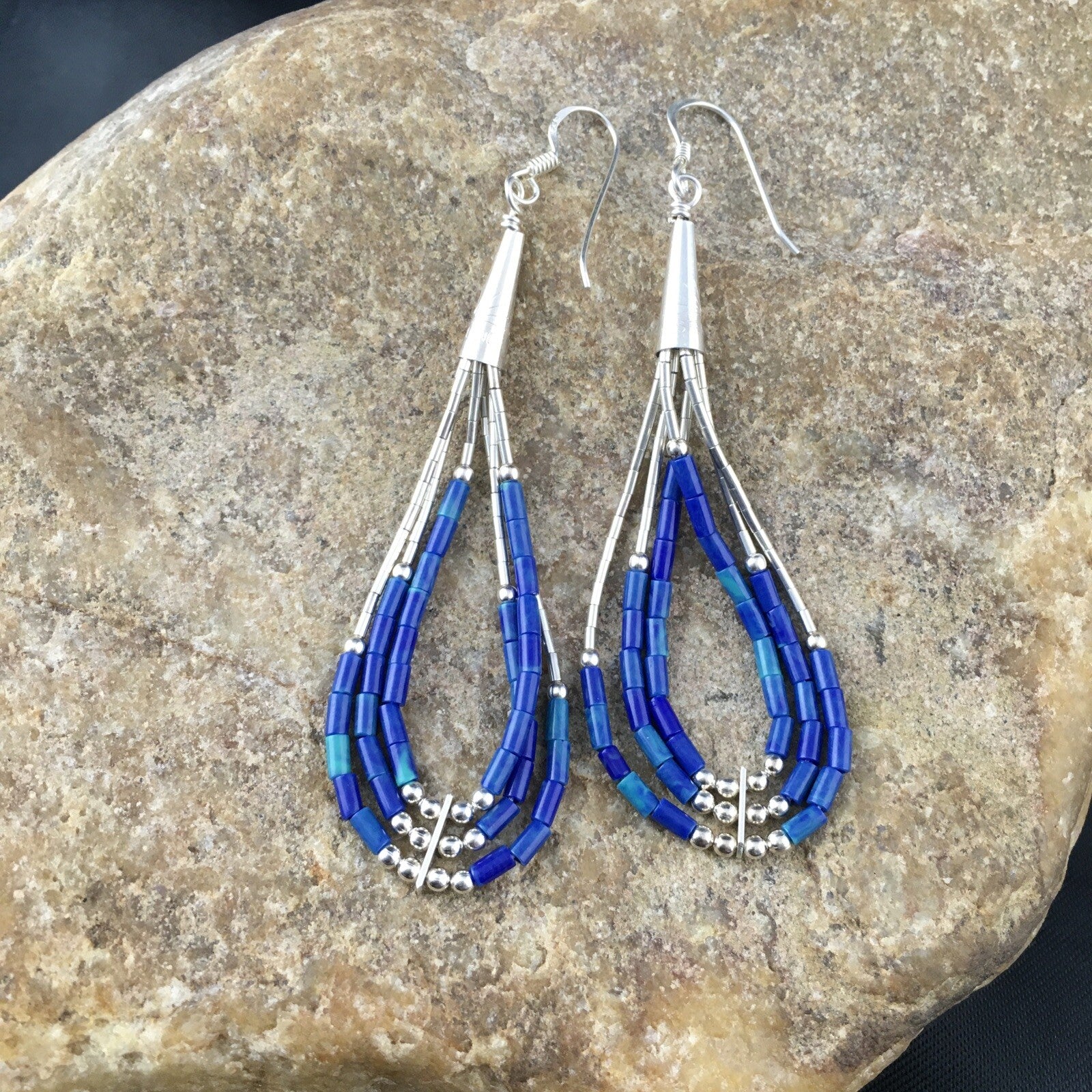 Blue Lapis 3 Strand Heishi Liquid Sterling Silver Dangle Earrings 2013