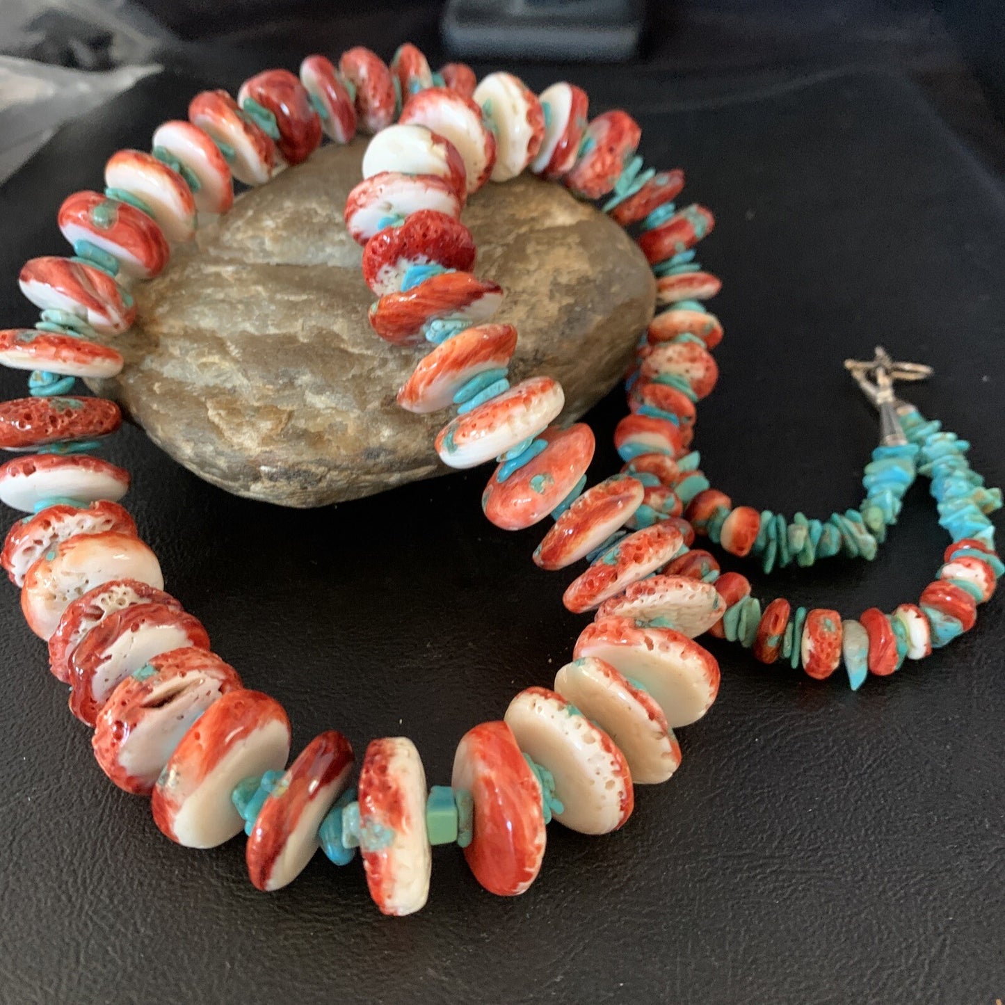 Womens Blue Turquoise & Red Spiny Oyster Navajo Sterling Silver Necklace 00114