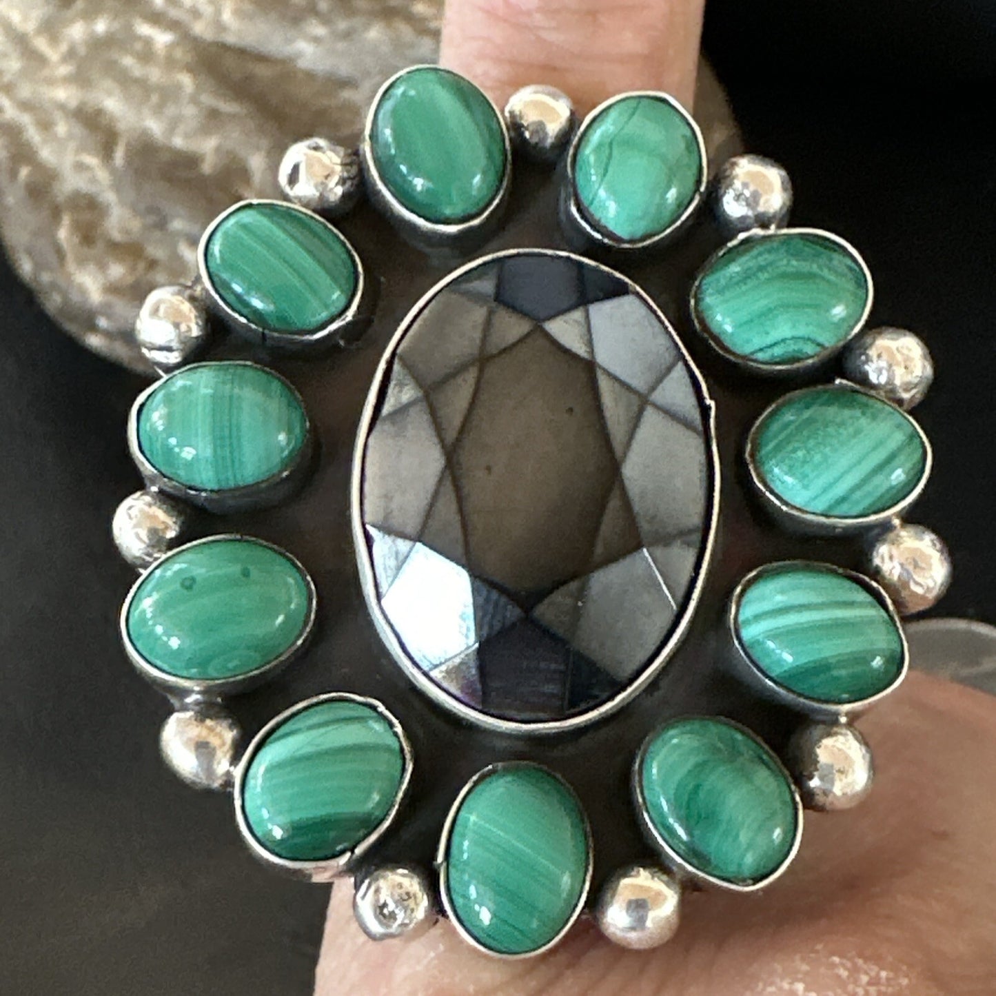 Green Malachite Quartz Navajo Sterling Silver Cluster Ring Size 10.5 18399