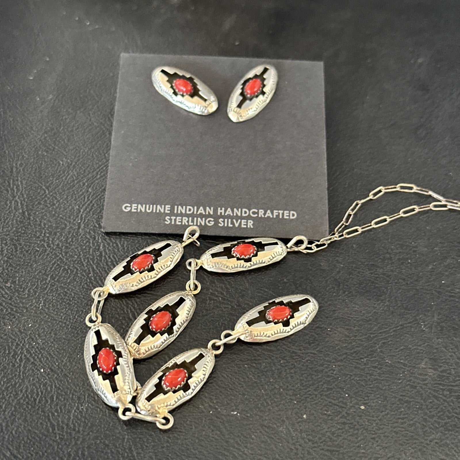 Old Native Navajo Red Coral Sterling Silver Shadowbox Necklace Earrings 18”19102