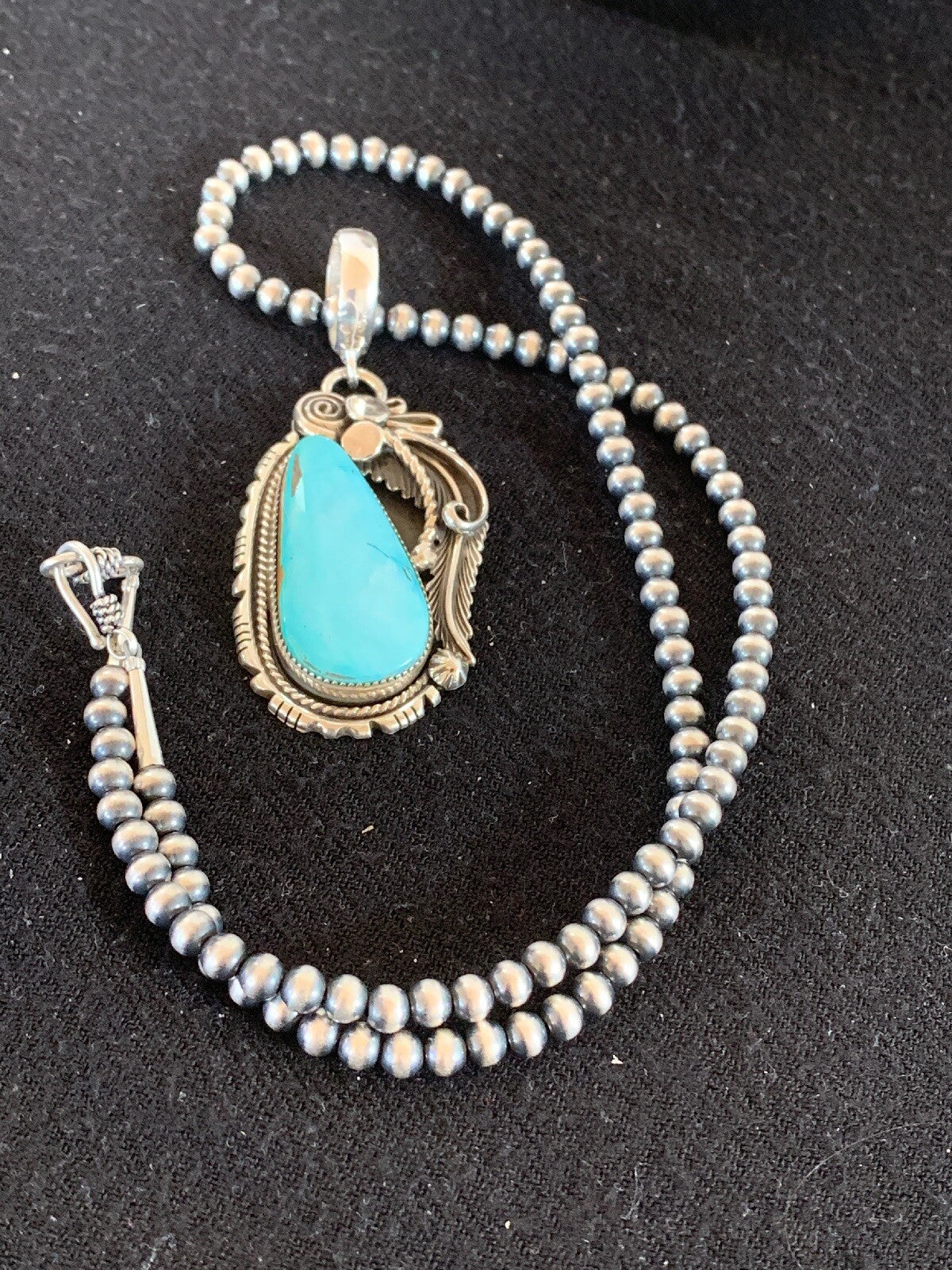 Royston Turquoise Pendant Navajo Sterling Silver Beads Necklace 08735