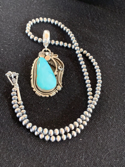 Royston Turquoise Pendant Navajo Sterling Silver Beads Necklace 08735