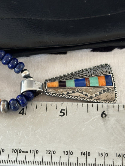 Multicolor Inlay Lapis Pendant Navajo Sterling Silver Necklace 22” 19467