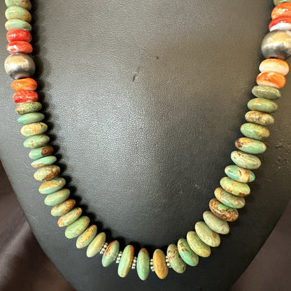 Green Turquoise Spiny Oyster Navajo Pearls Sterling Silver Necklace 18318