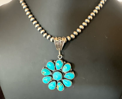 Blue Turquoise Navajo Sterling Silver Cluster Round Pendant Necklace 2”19303
