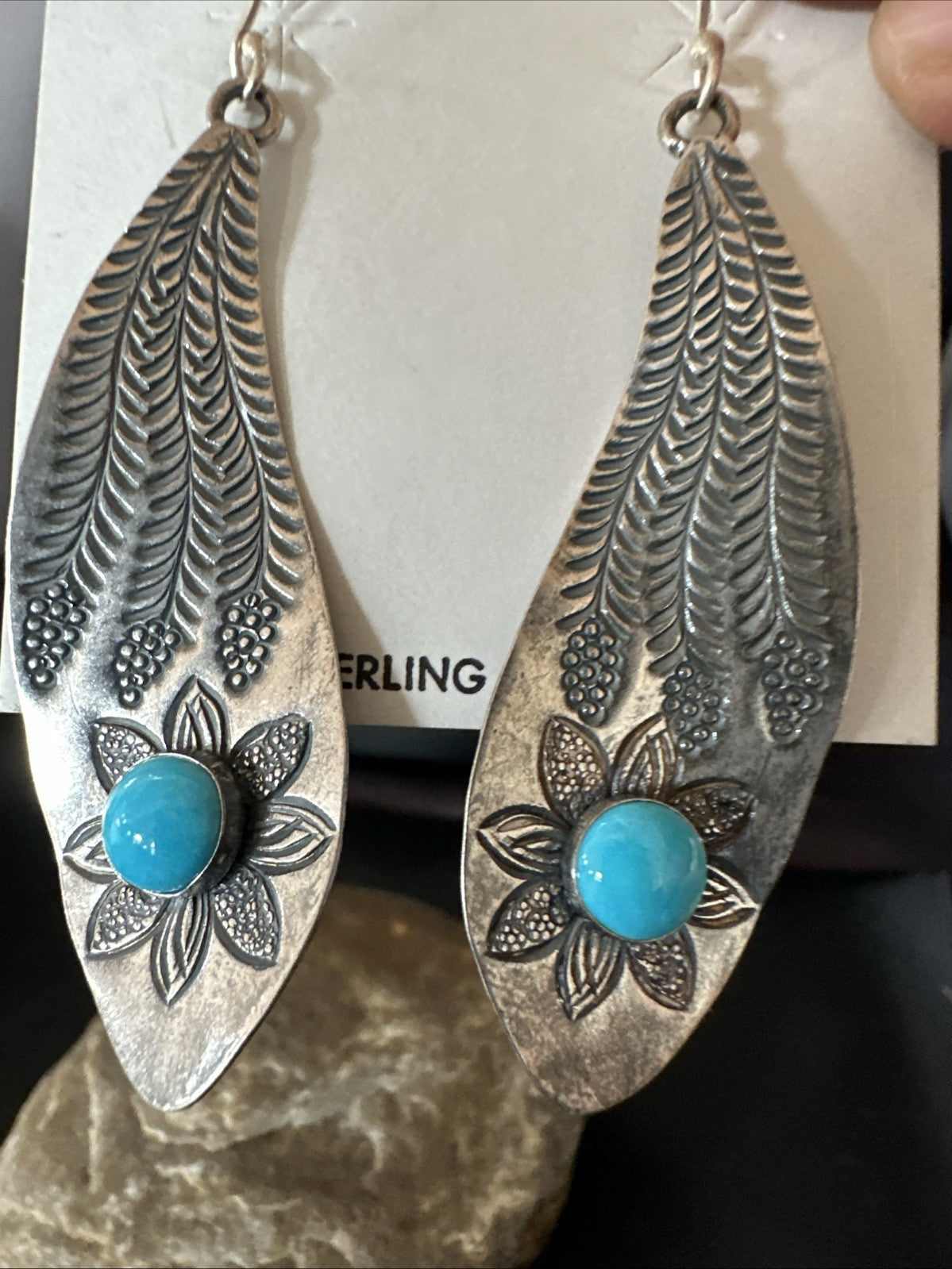 Womens Stamped Blue Turquoise Dangle Earrings Feather Sterling Silver 19785