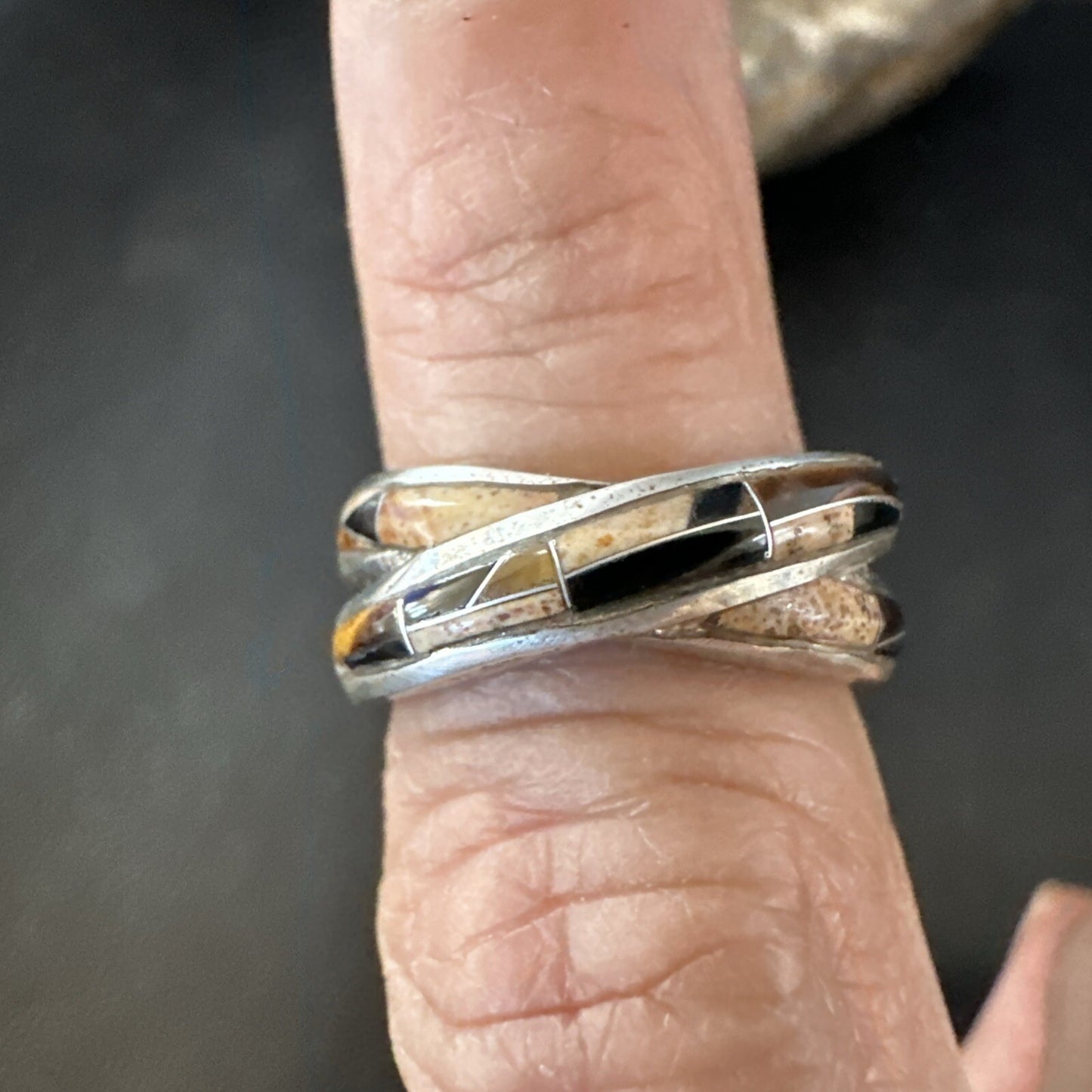 Navajo Black Onyx Tiger's Eye Inlay Sterling Ring Size 5.5 18702