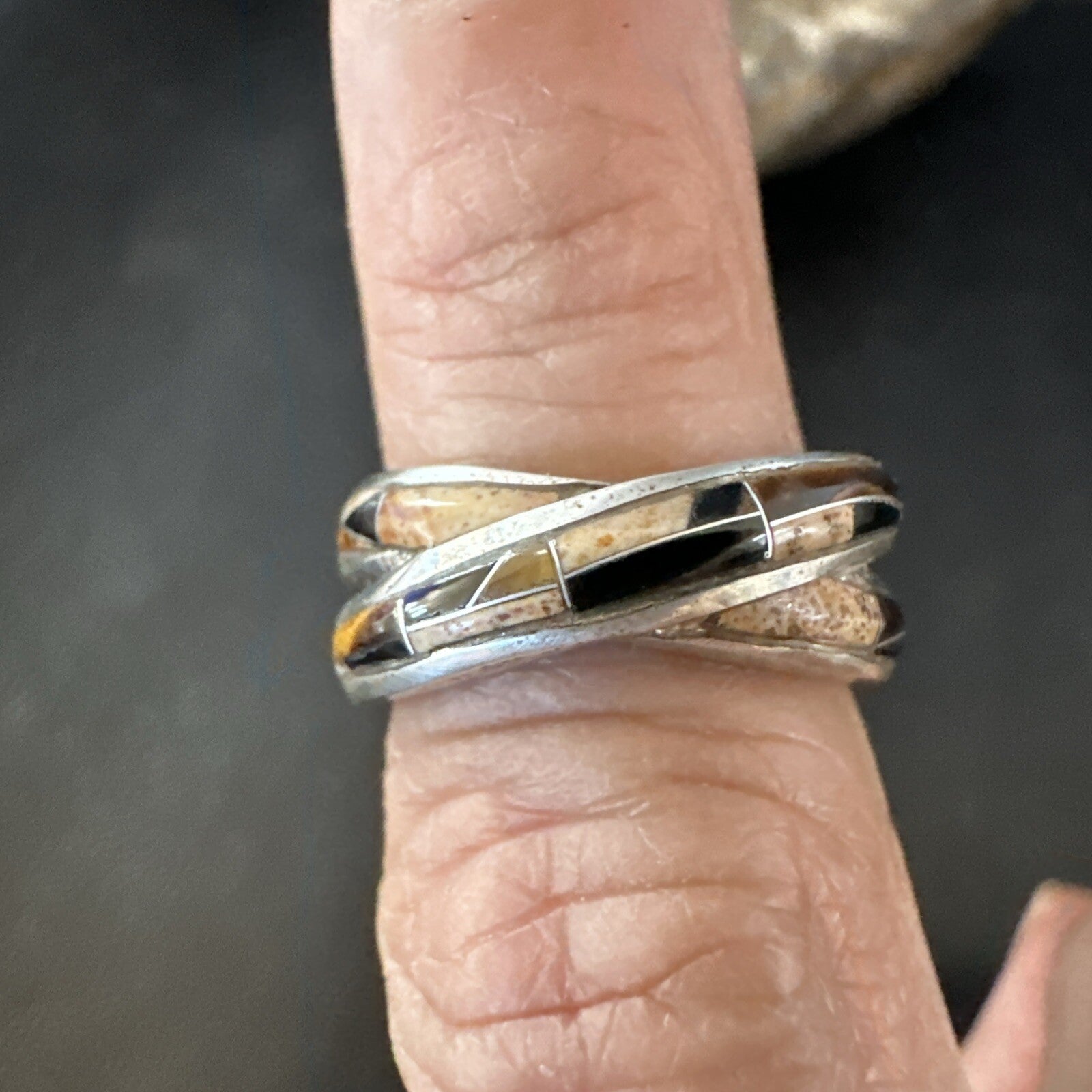 Navajo Black Onyx Tiger's Eye Inlay Sterling Ring Size 5.5 18702