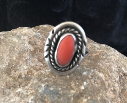 Red Coral Navajo Sterling Silver Old Pawn Ring Size 6 03485