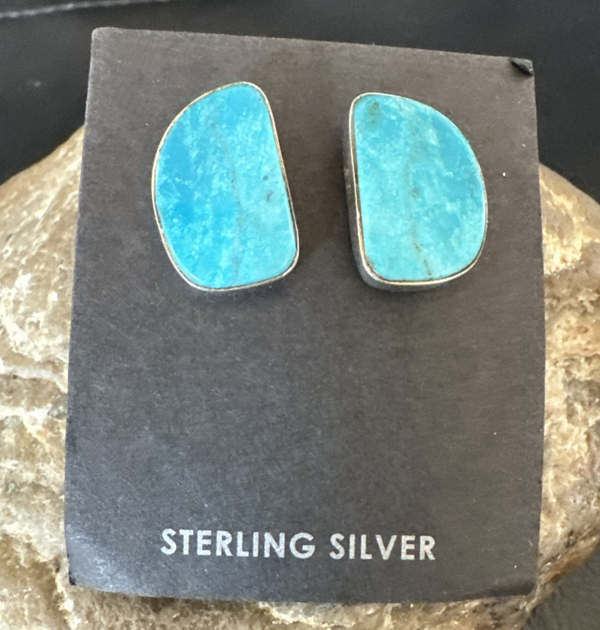 Blue Kingman Turquoise Navajo Post Stud Earrings | Sterling Silver | Authentic Native American Handmade | 18950