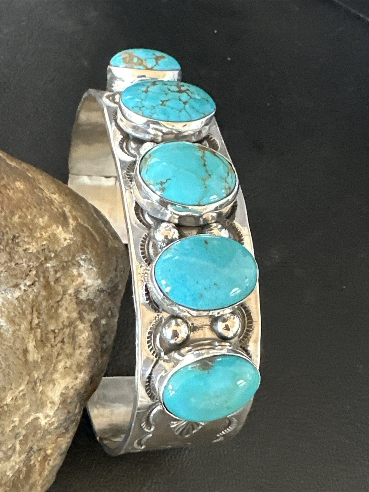 XL Blue Kingman Turquoise 5 Stone Navajo Sterling Silver Cuff Bracelet 18021