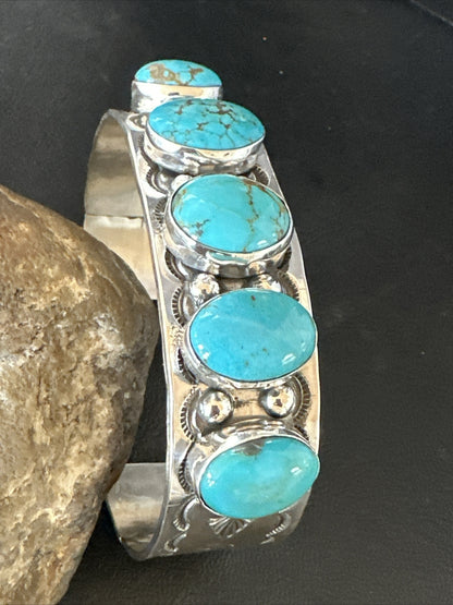 XL Blue Kingman Turquoise 5 Stone Navajo Sterling Silver Cuff Bracelet 18021
