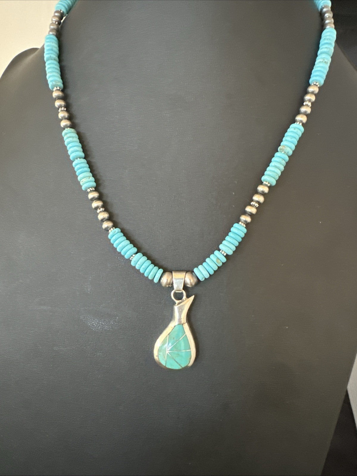 Pottery Blue Turquoise Inlay Pendant Navajo Sterling Silver Necklace 20" 19678