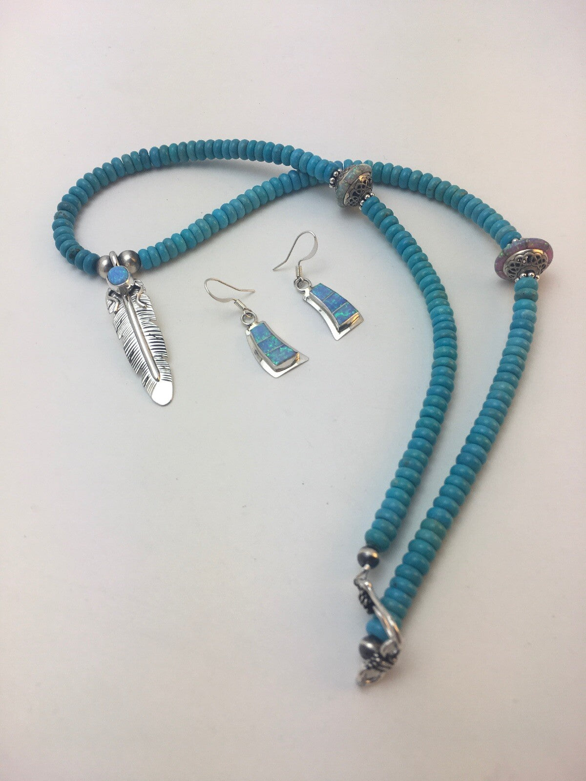 Native Opal & Turquoise Pendant Sterling Silver Necklace & Earrings 08905