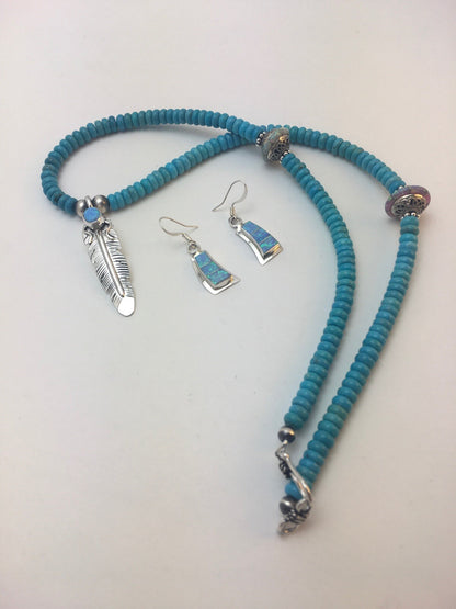 Native Opal & Turquoise Pendant Sterling Silver Necklace & Earrings 08905