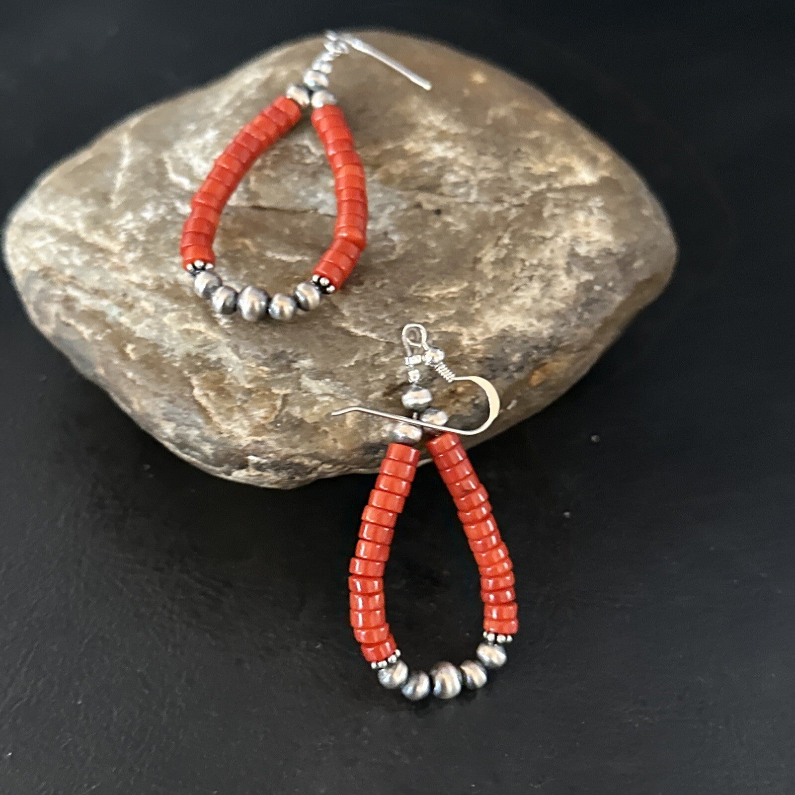 Native American Red Coral Bead Earrings Navajo Sterling Silver 14383