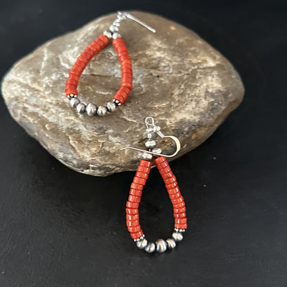 Native American Red Coral Bead Earrings Navajo Sterling Silver 14383
