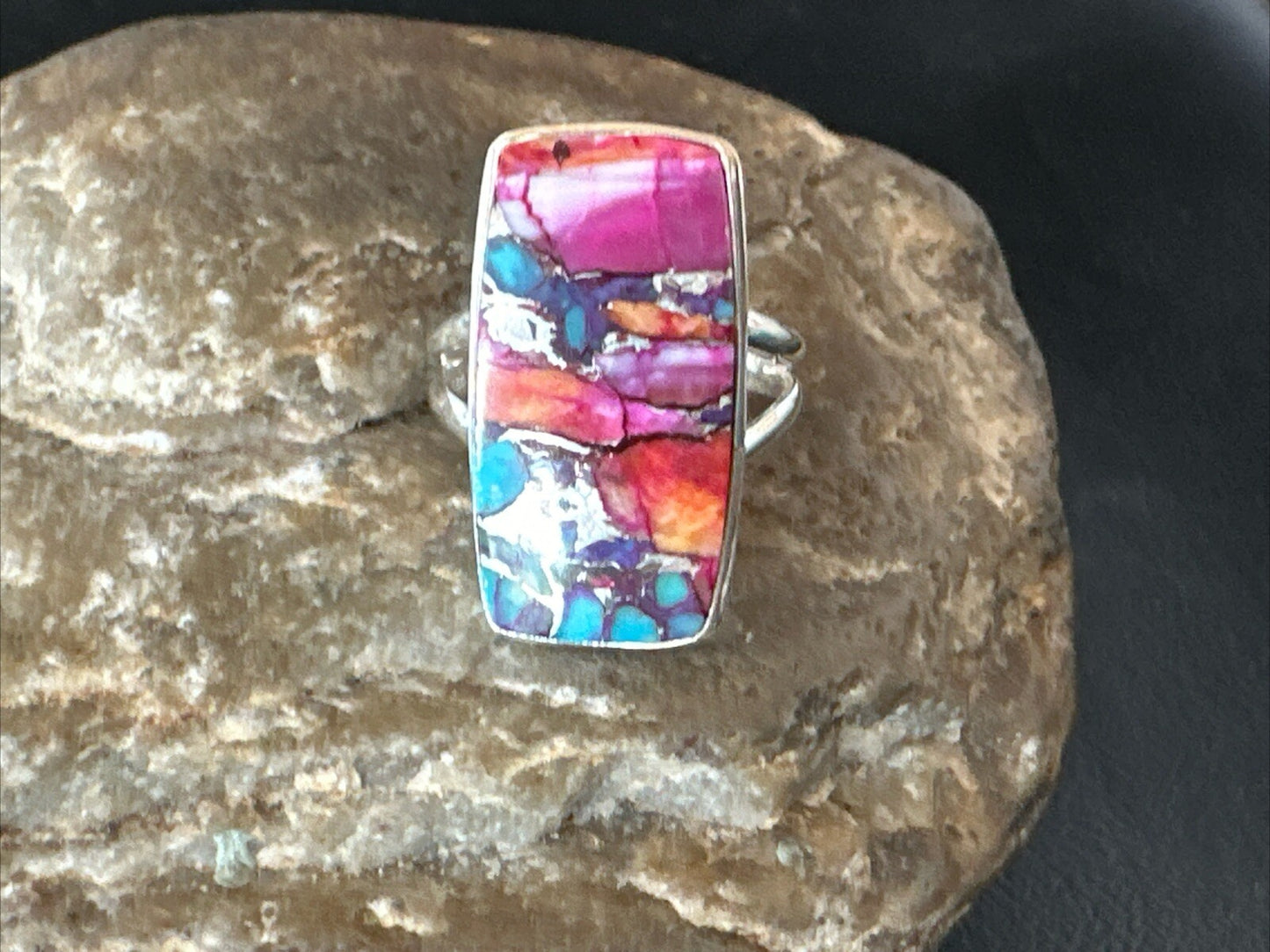 Blue Turquoise Spiny Oyster Southwestern Sterling Silver Ring Size 9 18466