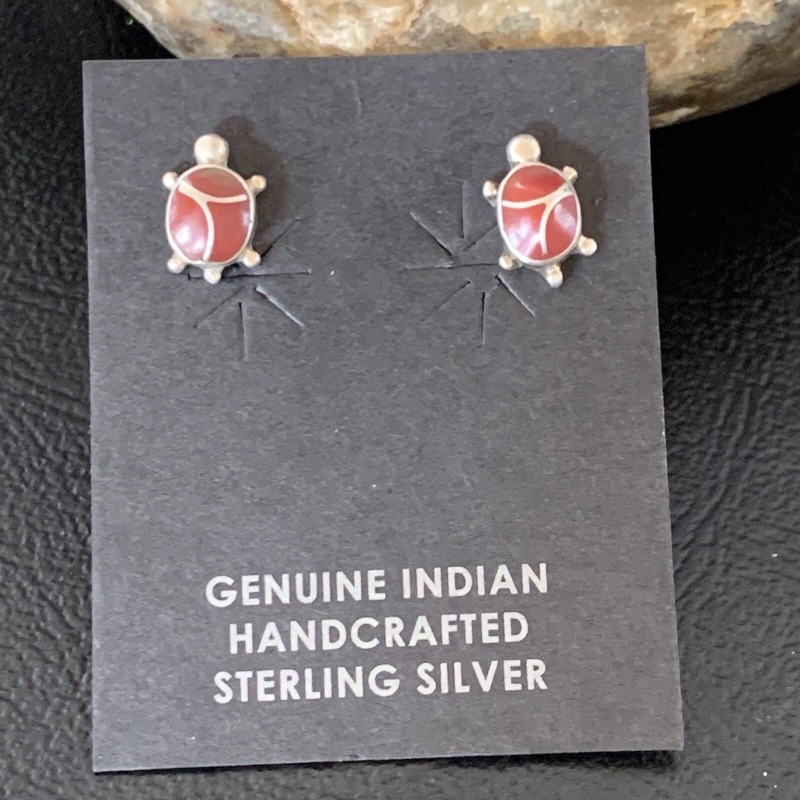 Womens Orange Spiny Oyster Turtle Inlay Navajo Sterling Silver Earrings 12833