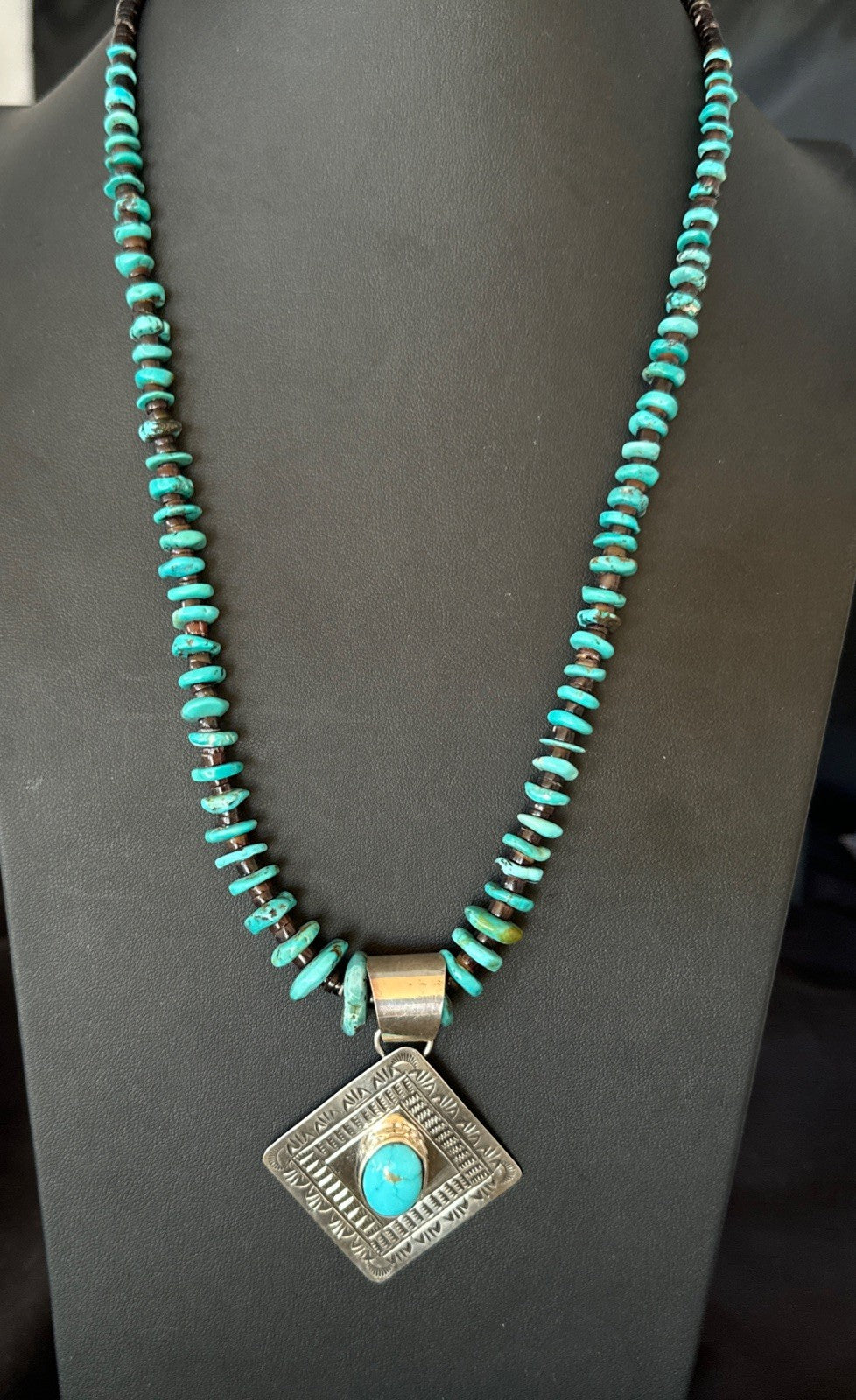 Navajo Blue Turquoise Stamped Pendant Shell Sterling Silver 29” Necklace 19704