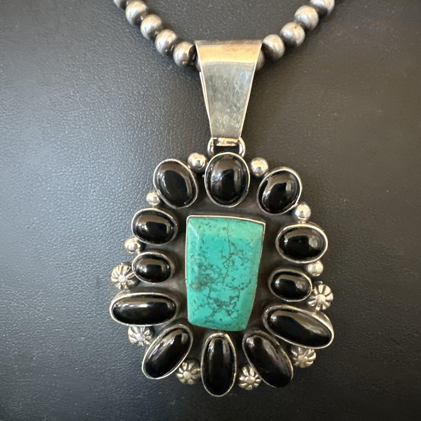 Womens Black Onyx Blue Turquoise Pendant Navajo Sterling Silver Necklace 18401