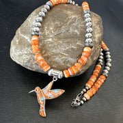 HummingBird Orange Spiny Oyster Opal Necklace Pendant | Sterling Silver | Authentic Native American Handmade | 18675