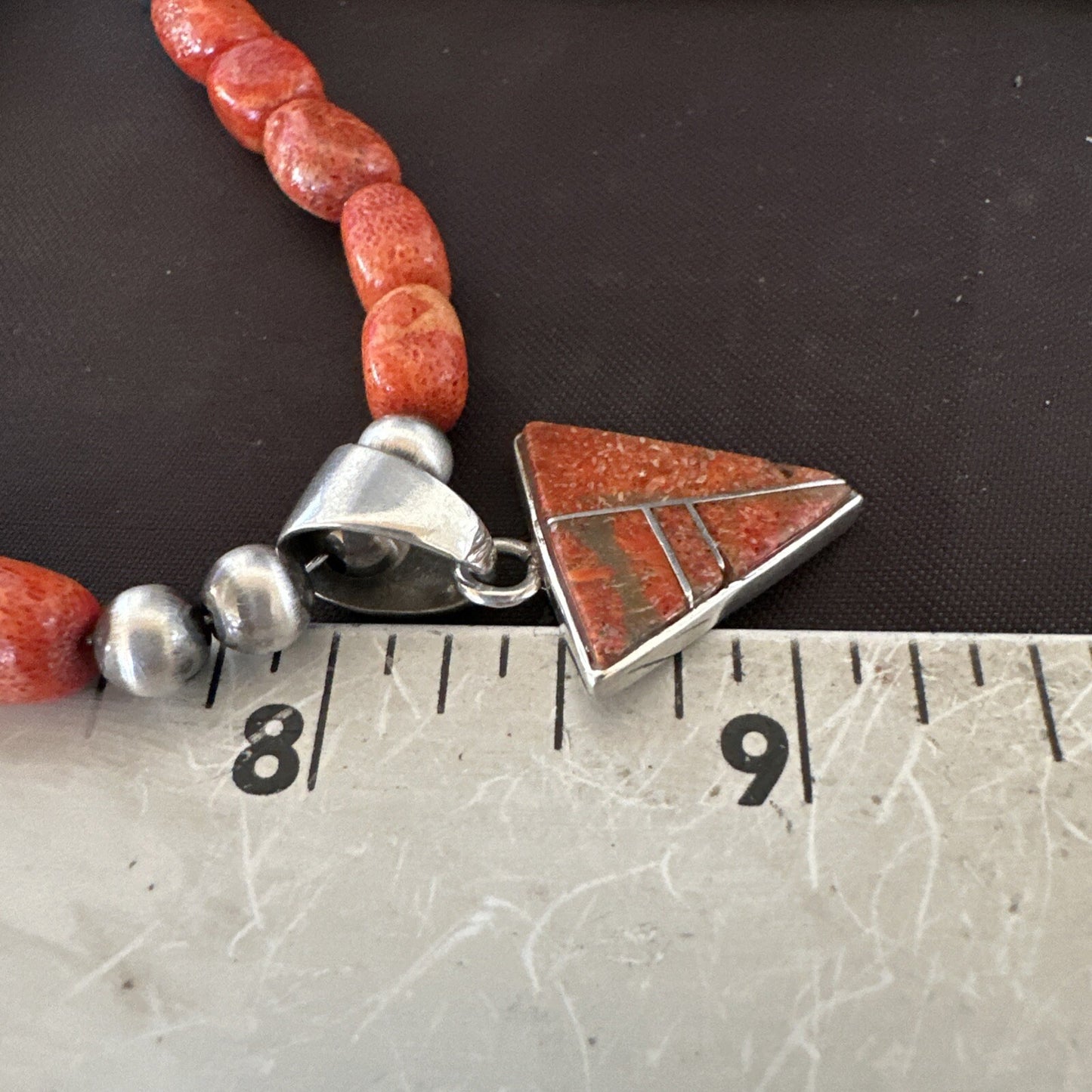 Navajo Apple Sponge Coral Sterling Silver Necklace Inlay Pendant 21” 18684