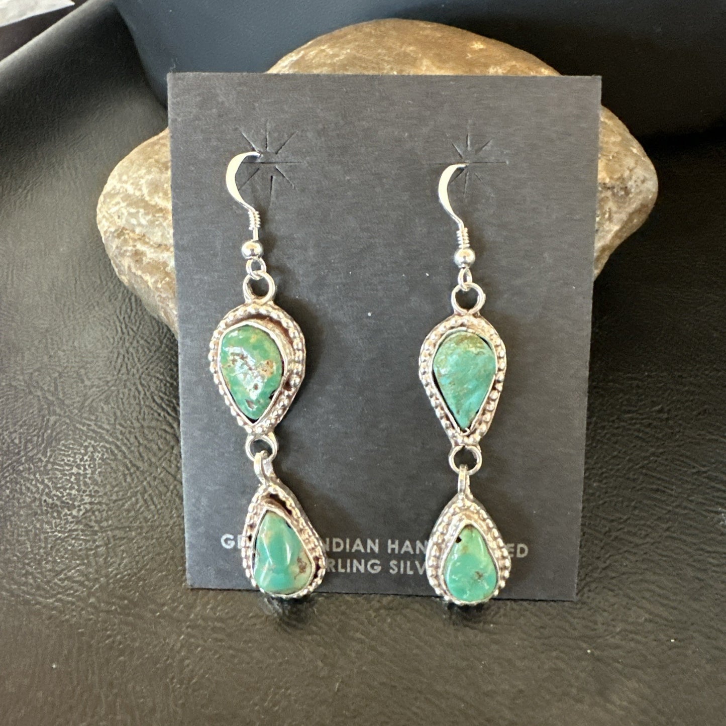 Green Royston Turquoise Navajo Sterling Silver Dangle Earrings 19404