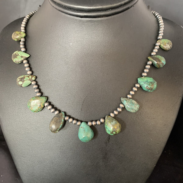 Green Turquoise Teardrop Beads Necklace 20" | Sterling Silver | Authentic Native American Handmade | 13431