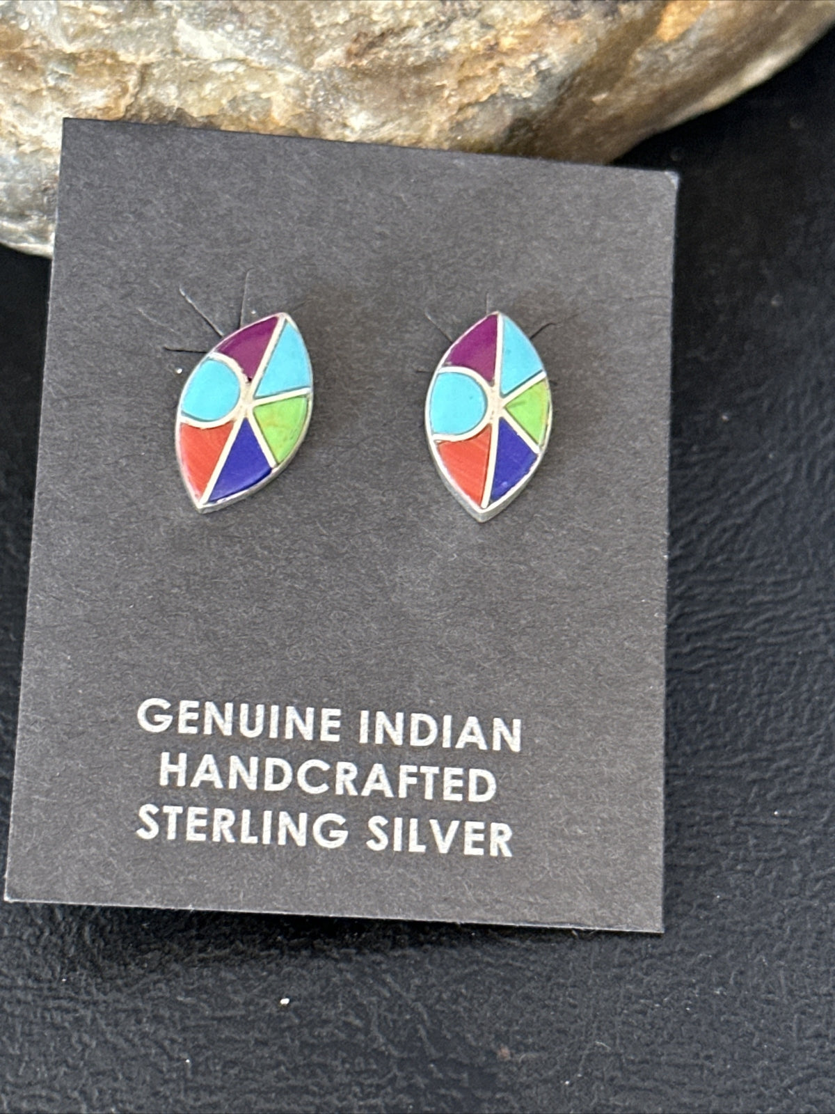 Blue Turquoise & Spiny Oyster Navajo Sterling Silver Inlay Earrings 0.5" 14767
