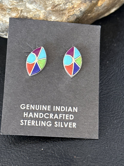 Blue Turquoise & Spiny Oyster Navajo Sterling Silver Inlay Earrings 0.5" 14767