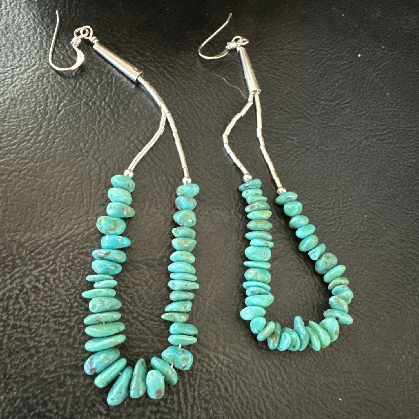 Long Blue Turquoise Nugget Bead Sterling Silver Beads Navajo Earrings 3” 18096
