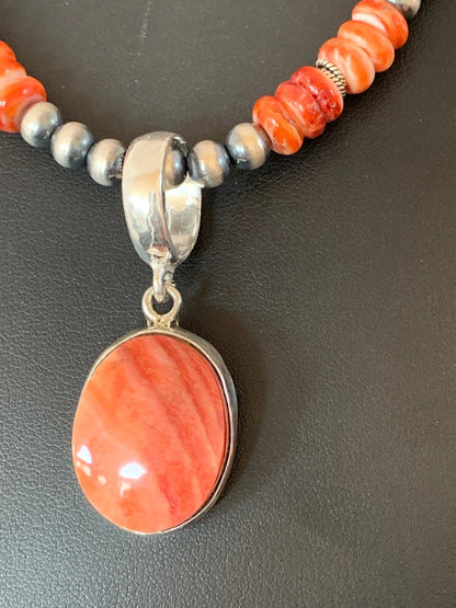 Native Men’s Red Spiny Oyster Pendant Navajo Sterling Silver Necklace 08820