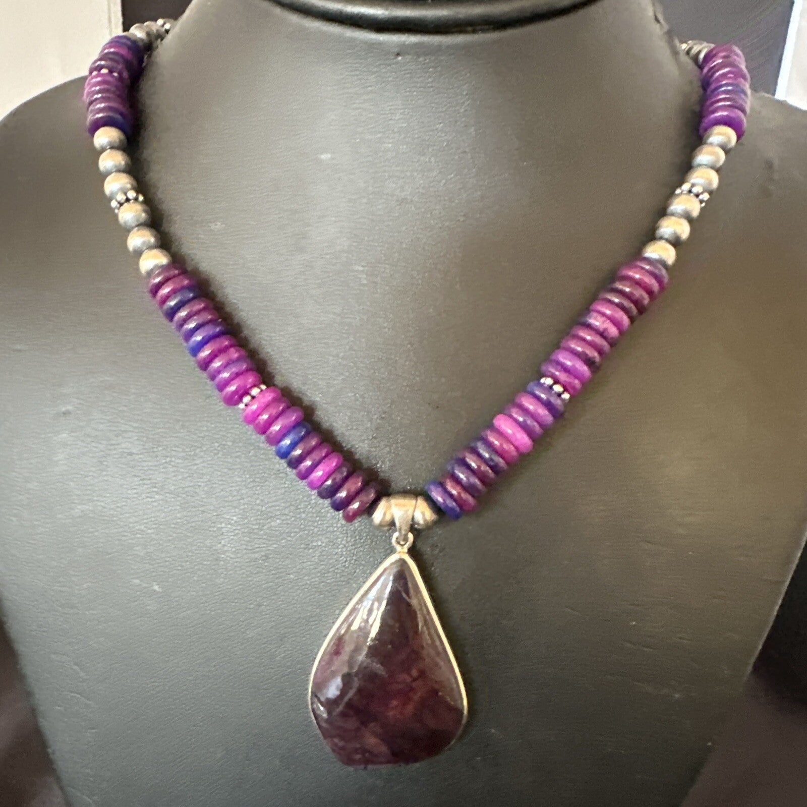 Purple Stone Pendant Navajo Pearls Sterling Silver Necklace 23" 17936