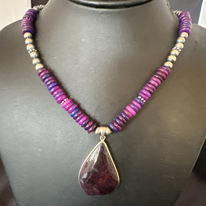 Purple Stone Pendant Navajo Pearls Sterling Silver Necklace 23" 17936